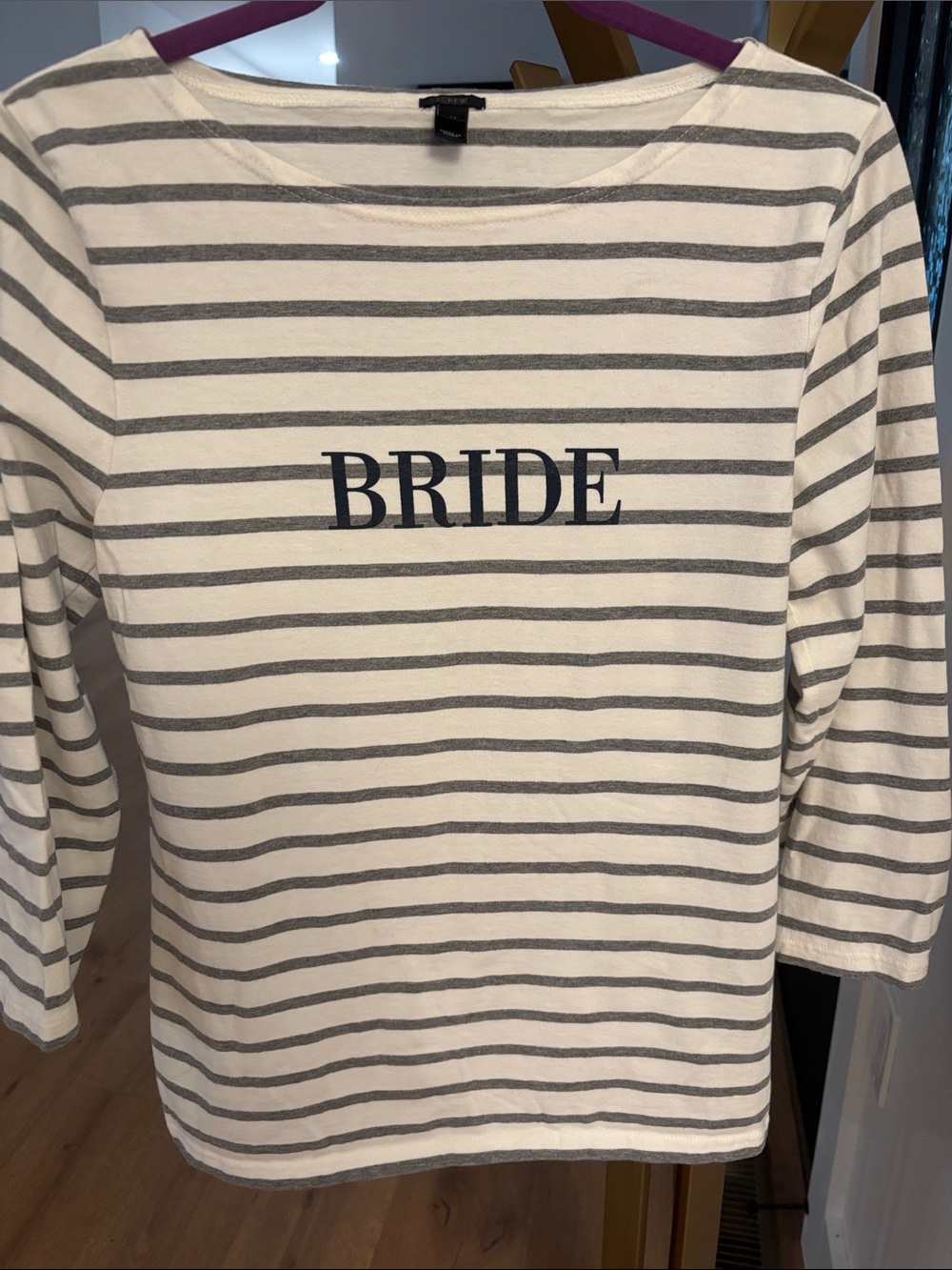 Vintage JCrew boatneck 'BRIDE' Boatneck Top - White & Gray with Navy writing